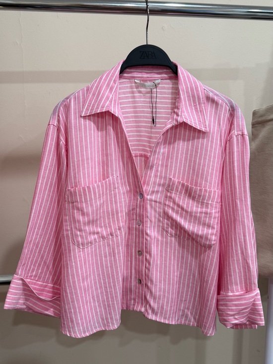 Zara Tops - ZARA ZARA Pink White Striped Linen Blend Button Down Shirt M NWT